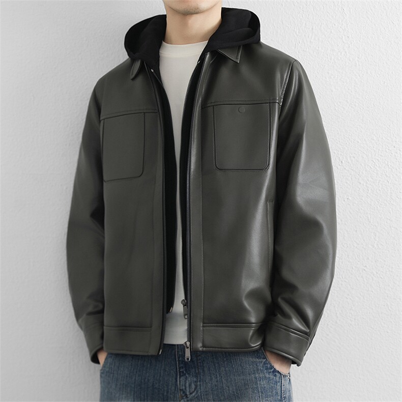高端商务假两件皮衣羽绒服男士连帽秋冬加厚保暖黑色皮夹克图片