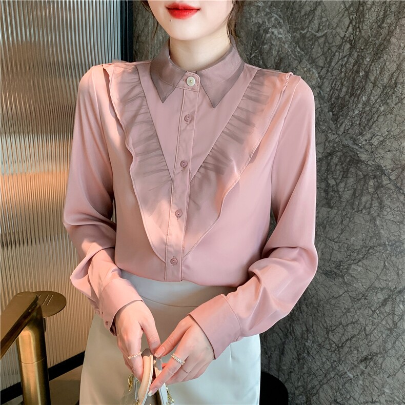 春季新款气质荷叶边雪纺衫衬衫轻熟小衫仙女长袖上衣，女装蕾丝衫/雪纺衫，美吧服饰