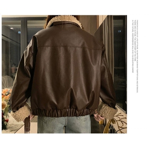 CC691-P135美拉德咖色复古羊羔毛皮衣外套女冬加厚加绒机车服夹克图片