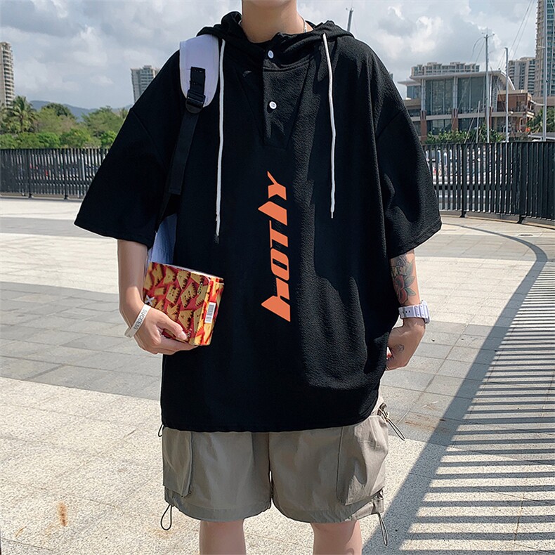 LD54006-P45连帽短袖t恤男大码胖子带帽五分袖中袖,男装T恤,电商A040