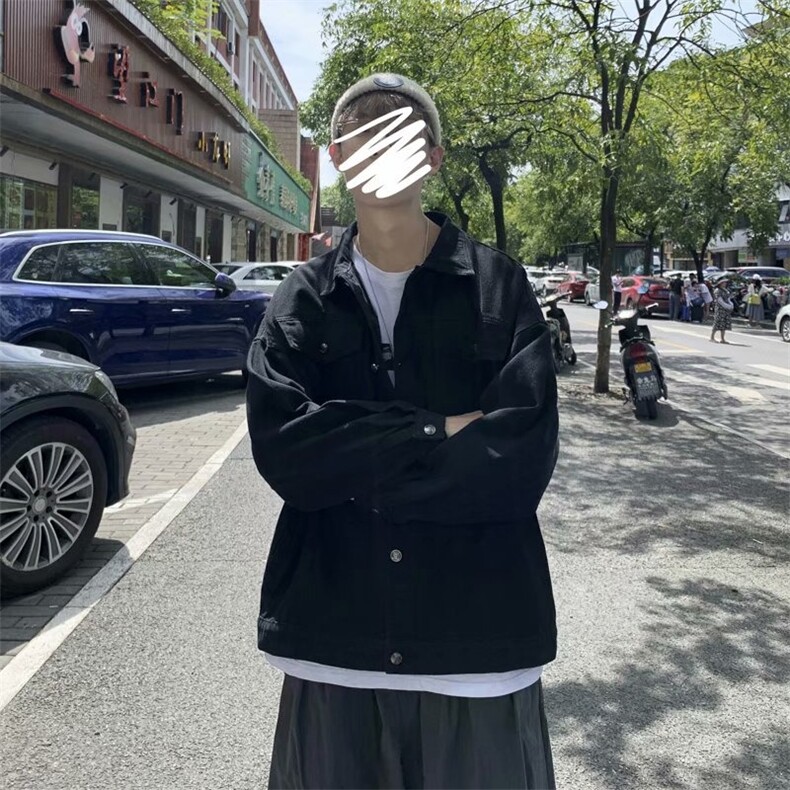 黑色牛仔外套男2024冬季新款潮牌高街宽松休闲翻领夹克W6271-P58,男装夹克,星座412-2