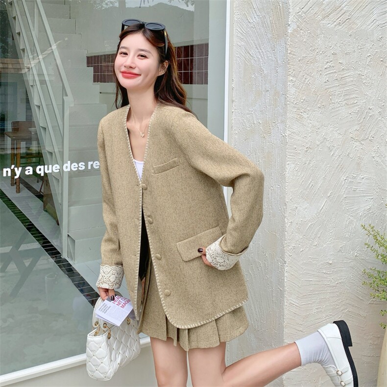 卡其色小香风西装套装裙女2025秋季新款高级感气质百褶短裙两件套,女装套装/套裙,2C110
