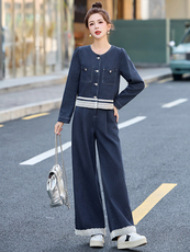 蕾丝拼接牛仔套装女2025春季新款穿搭时尚牛仔外套阔腿长裤两件套，女装套装/套裙，贵人树