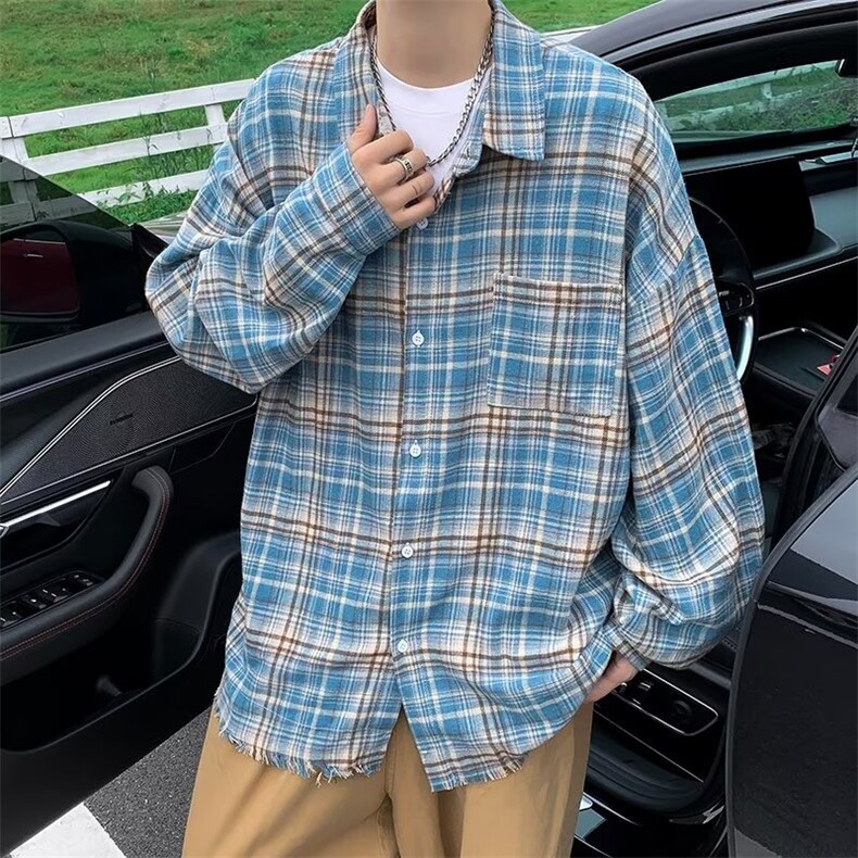 美式复古毛边蓝色格子衬衫男高级感春秋潮牌格纹衬衣C33-2/P42,男装衬衫,星座506