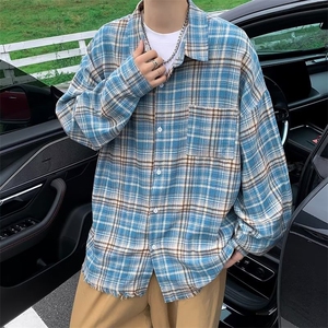 美式复古毛边蓝色格子衬衫男高级感春秋潮牌格纹衬衣C33-2/P42图片