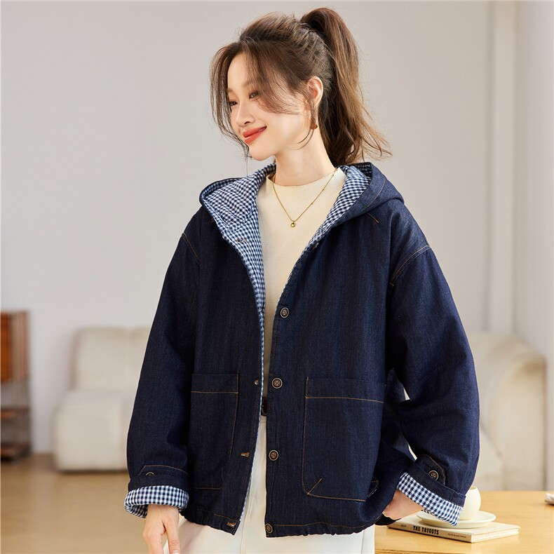 叶笙衣82591牛仔里布格子加棉外套,女装棉衣/棉服,叶笙衣