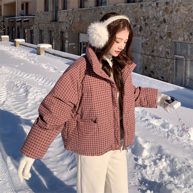粉色甜美温柔风减龄格子立领羽绒服2025冬季氛围感加厚白鸭绒外套图片