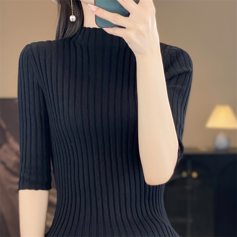时尚百搭纯棉坑条半高领五分袖针织衫修身显瘦女士毛衣,针织衫/毛衣,桦兴羊绒