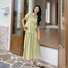 夏季新款简约小清新绿色两件套连衣裙套装，女装套装/套裙，帛锦泉