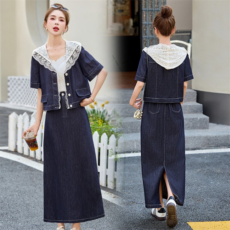 2025夏季水洗牛仔拼接蕾丝休闲潮两件套裙减龄今年流行的女装套装，女装套装/套裙，艾仟回(原伊仟回)