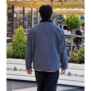 蓝色底特律短款工装外套男秋季水洗牛仔衣美式复古哈灵顿水洗夹克图片