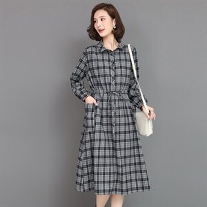 【全年有货，不下架】秋冬加厚连衣裙女长袖条纹棉麻裙中长款图片