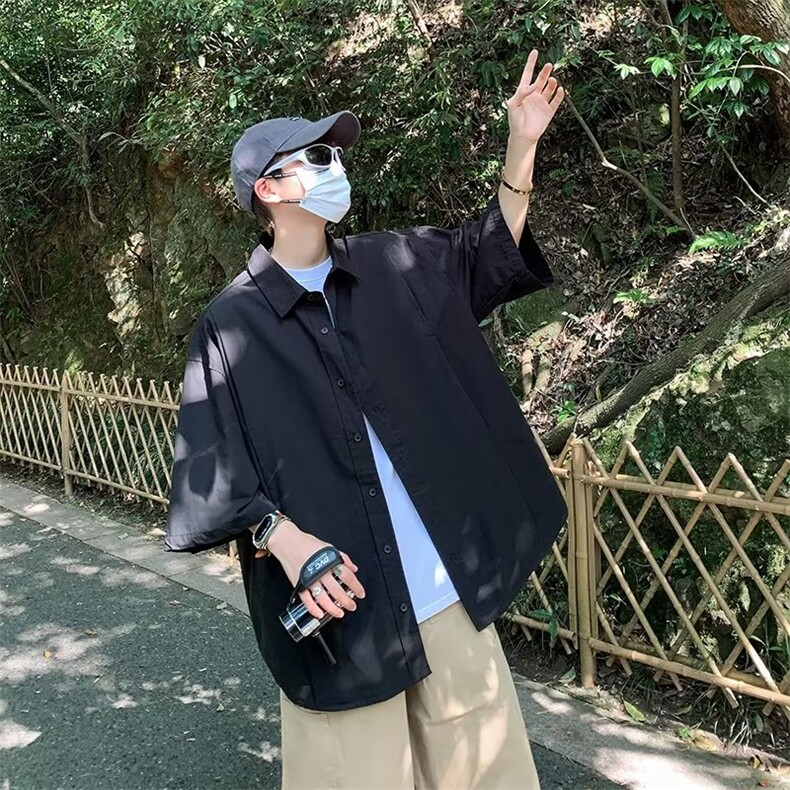 日系复古短袖衬衫男士夏季薄款工装衬衣潮牌百搭宽松休闲半袖外套,男装衬衫,星座716-2