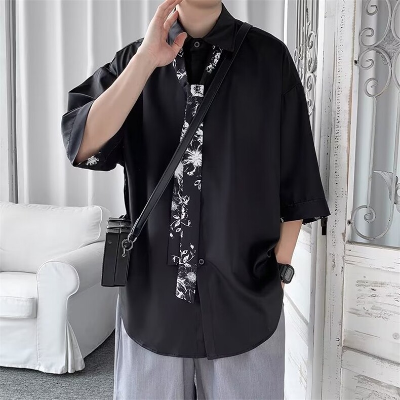 2023夏季港风宽松短袖衬衫男韩版潮流翻领百搭七分袖CS0572-P38,男装衬衫,星座308B-1