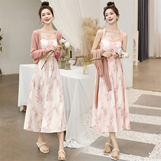 吊带连衣裙两件套2025春夏新款今年流行针织长袖新中式碎花裙套装，女装套装/套裙，涵墨