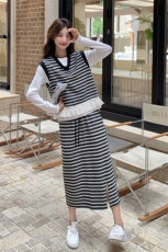 条纹针织马甲套装裙女2025新款时尚甜美减龄半身裙三件套，女装套装/套裙，浪娴服饰