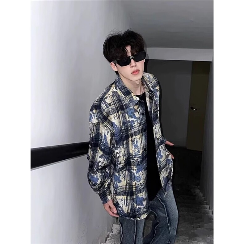 H281-P32牛油果绿扎染格子衬衫男春季宽松休闲长袖衬衣,男装衬衫,电商B323A