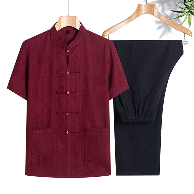 中年棉麻套装高档唐装太极服中式立领短袖风夏装TR2186-P130,男装民族服装,星座1105-3