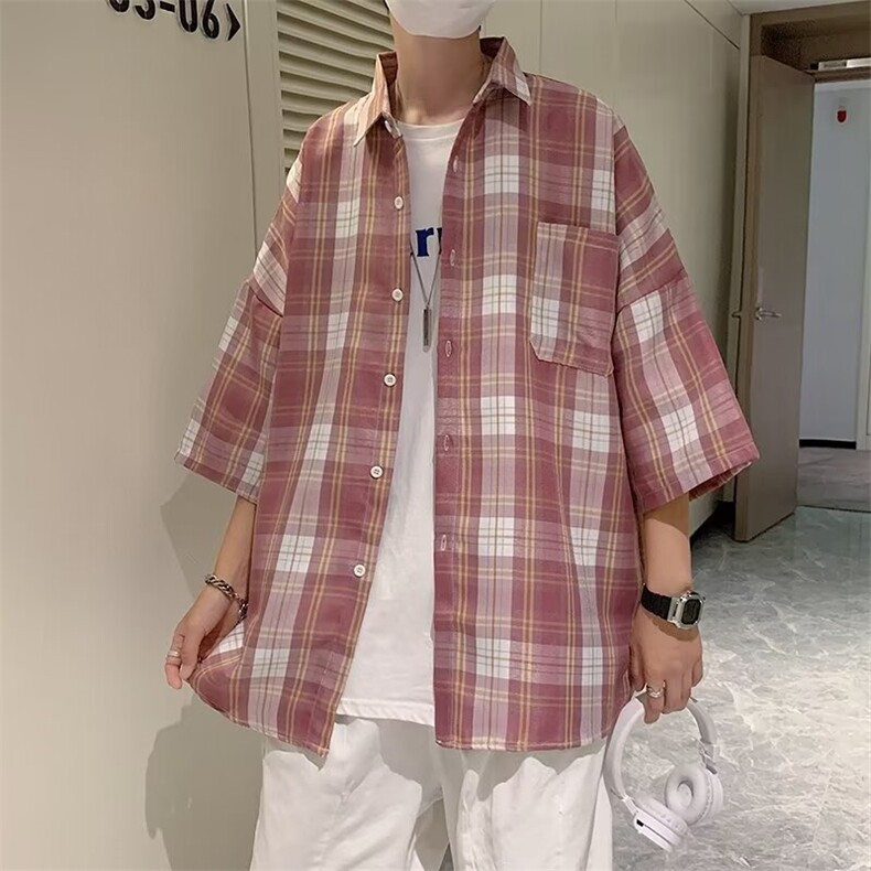 衬衫男短袖学院风格子文艺帅百搭2024秋夏新款ins衬衣CY633-P30,男装衬衫,星座412-3