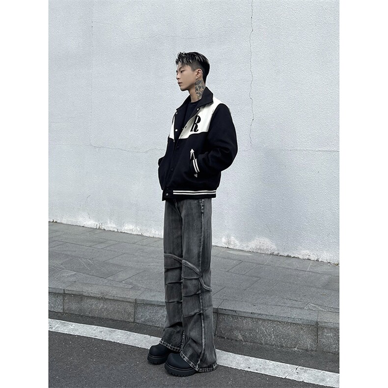 B221美式ins高街暗黑个性拼接微喇牛仔裤LK24155-P65控88,男装牛仔裤,电商B221