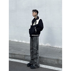 B221美式ins高街暗黑个性拼接微喇牛仔裤LK24155-P65控88，男装牛仔裤，电商B221