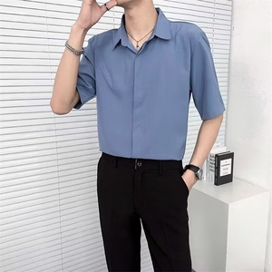 商务休闲短袖条纹衬衫男士修身薄款垂感免烫高级垂感休闲半袖衬衣