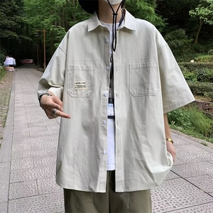 五分袖夏季潮流气质新款青春流行潮衬衫方领原宿纯色男简约图片