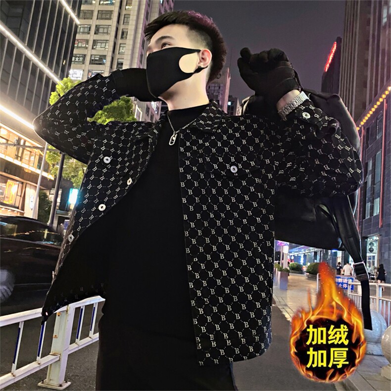 JK87加绒/P125控165冬季小伙潮流牛仔字母加厚夹克外套男黑首图片