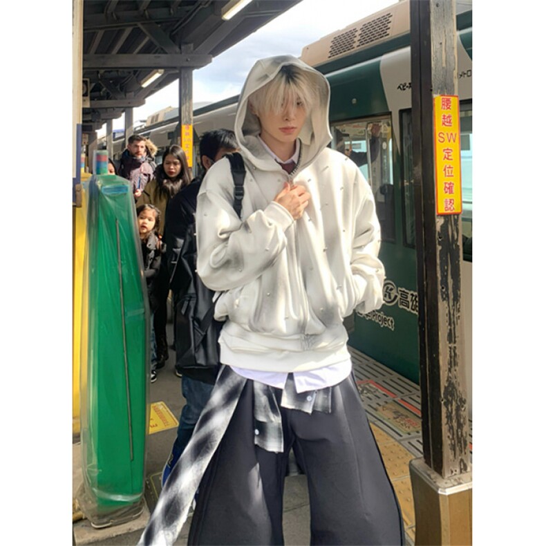 复古扎染珍珠点缀喷绘连帽卫衣男女休闲百搭宽松开衫上衣 WA242图片