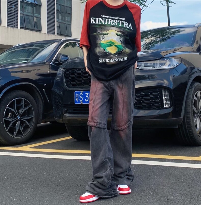 ins高街撞色美式抽褶夏季直筒牛仔裤男女宽松裤子BK69-P78,男装牛仔裤,星座1109-3