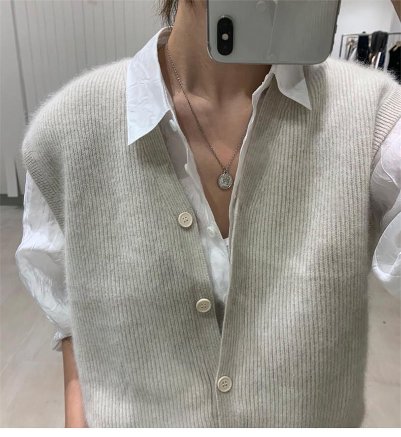 羊绒背心马甲针织开衫女v领宽松日系秋季叠穿羊毛坎肩马夹外搭,女装马甲,洁纯羊绒