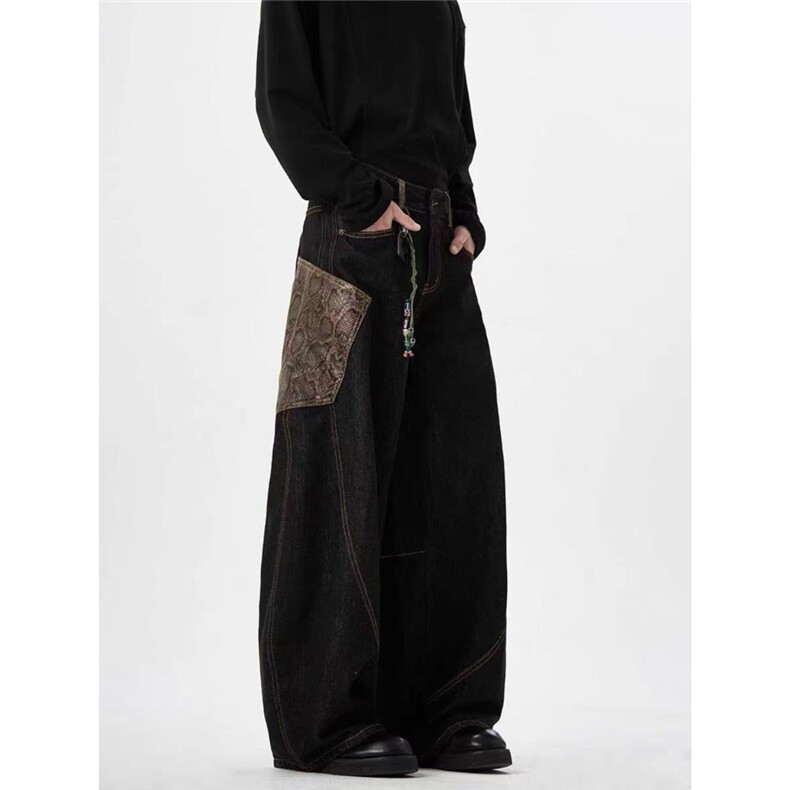 美式潮牌格子弯刀牛仔裤男春秋设计感大口袋直筒裤裤LN10644-P55，男装牛仔裤，星座1008