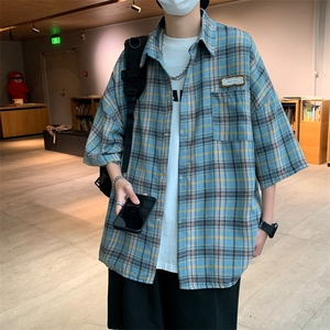 格子新款夏季短袖衬衫男港风潮流百搭宽松休闲半袖外套CS0355-P35图片