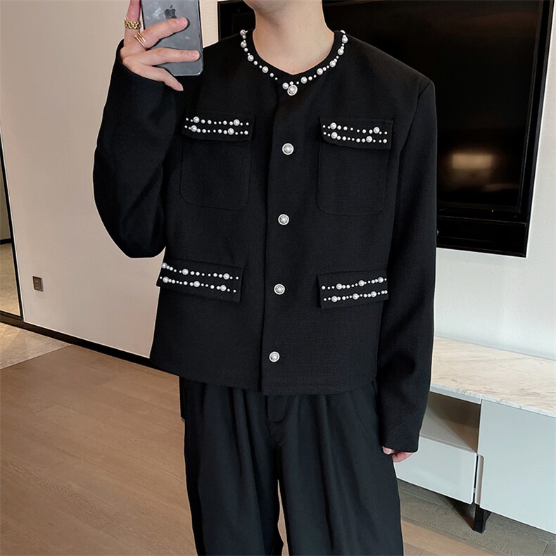 原版高品质新中式夹克外套男刺绣珍珠小香风无领外套JK2369-P123,男装夹克,电商B267
