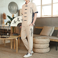 夏季套装风男刺绣棉麻复古宽松大码汉服，男装休闲套装，星座1206（原A206）