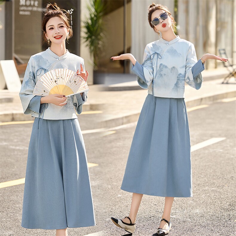 新风中式改良立领修身复古印花套装裙253P135,女装套装/套裙,乐衣轩