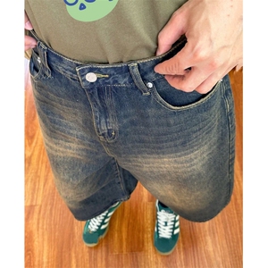 美式高街小众阔腿七分牛仔短裤男水洗落做旧hiphop阔腿裤子~D3143图片