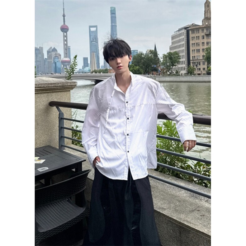 美式简约拼色条纹长袖衬衫男女高级感宽松百搭开衫衬衣CTK57,男装衬衫,星座1116A（原606A-3）