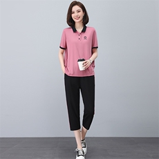 啄木鸟纯棉运动服套装女夏季宽松短袖七分裤中年妈妈装休闲两件套，女装套装/套裙，忆绮罗