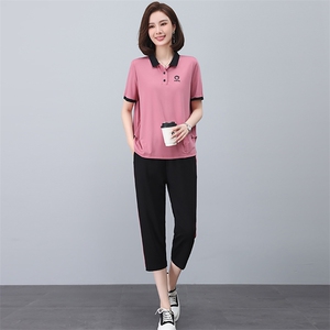 啄木鸟纯棉运动服套装女夏季宽松短袖七分裤中年妈妈装休闲两件套图片