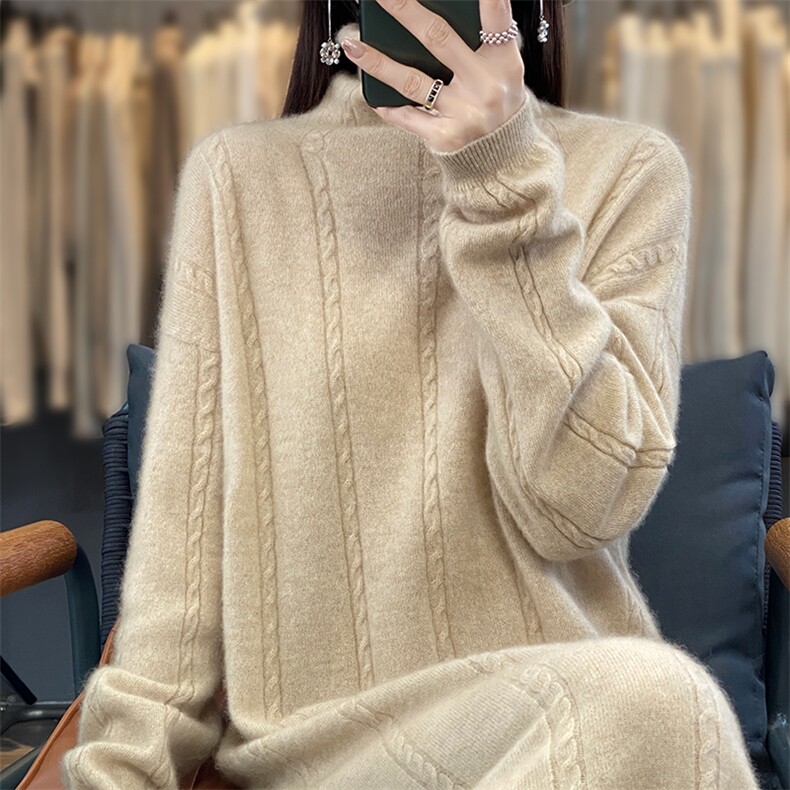 羊毛针织裙时尚麻花中长款连衣裙秋冬新款半高领打底衫,女装连衣裙,蒙莲贝斯