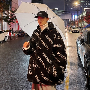 夜景港风字母羊羔毛棉衣男连帽棉服男外套男8710P105控148图片