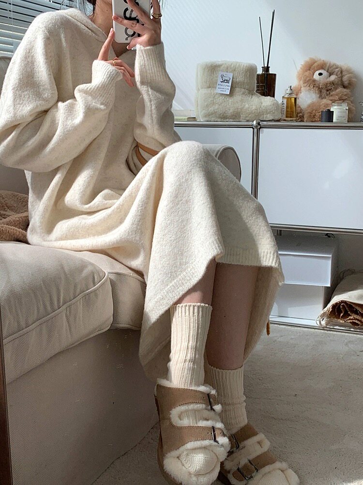 连帽毛衣女秋冬2024新款宽松慵懒风针织衫长袖连衣裙,女装连衣裙,恩泰羊绒