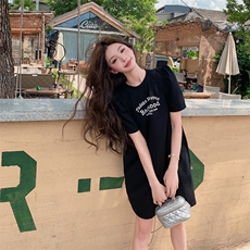 短袖夏季小黑裙长裙泡泡袖小众时尚套装小个子学生，女装套装/套裙，2C092