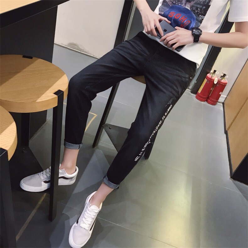 秋装九分牛仔裤破洞裤韩版裤子男士9分裤修身小脚乞丐裤潮,男装牛仔裤,星座509