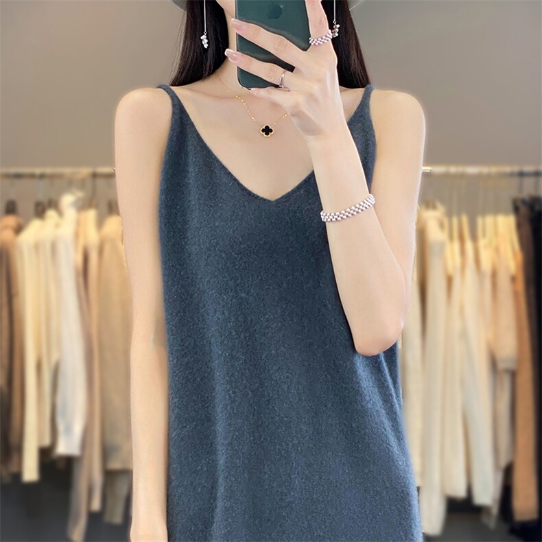 春秋卷边圆领100%羊毛吊带女纯色针织无袖背心宽松内搭打底羊绒衫,女装连衣裙,邓利维
