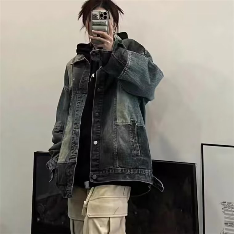 美式复古拼接秋款牛仔外套女设计感小众新款宽松上衣LN12133-P58,男装工装外套,星座1008