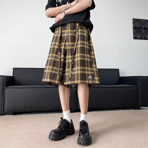 格子裤子男夏季日系慵懒复古宽松大码潮牌休闲运动阔腿短裤图片