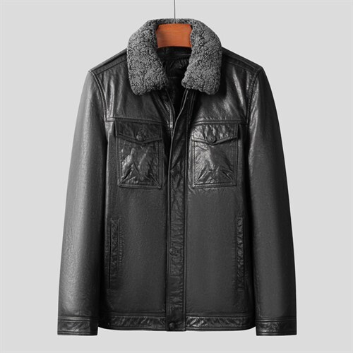 X2022皮衣男头层牛皮白鸭绒羽绒服可脱卸水貂毛领皮夹克P790，男装皮衣，电商B360