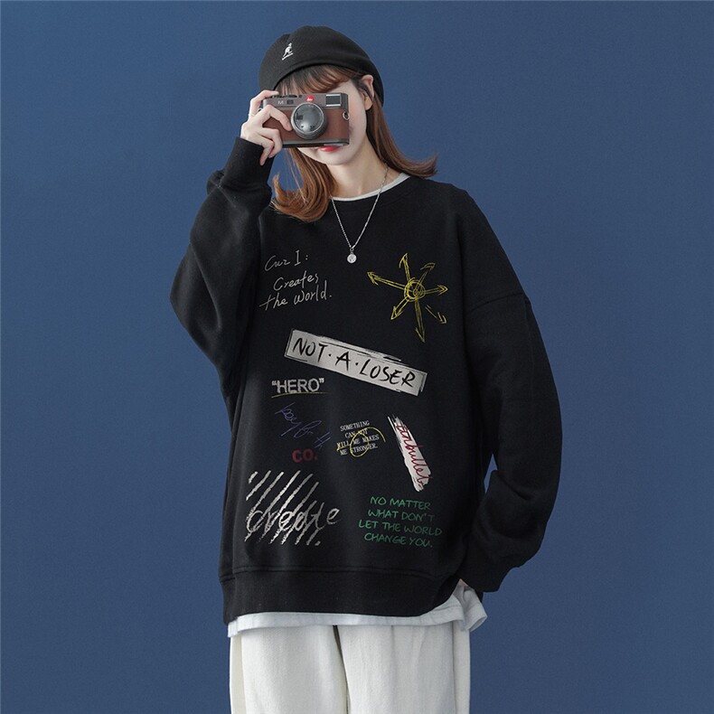 中性风春装韩版创意涂鸦宽松情侣圆领卫衣W106P45控58,男装卫衣,A247A